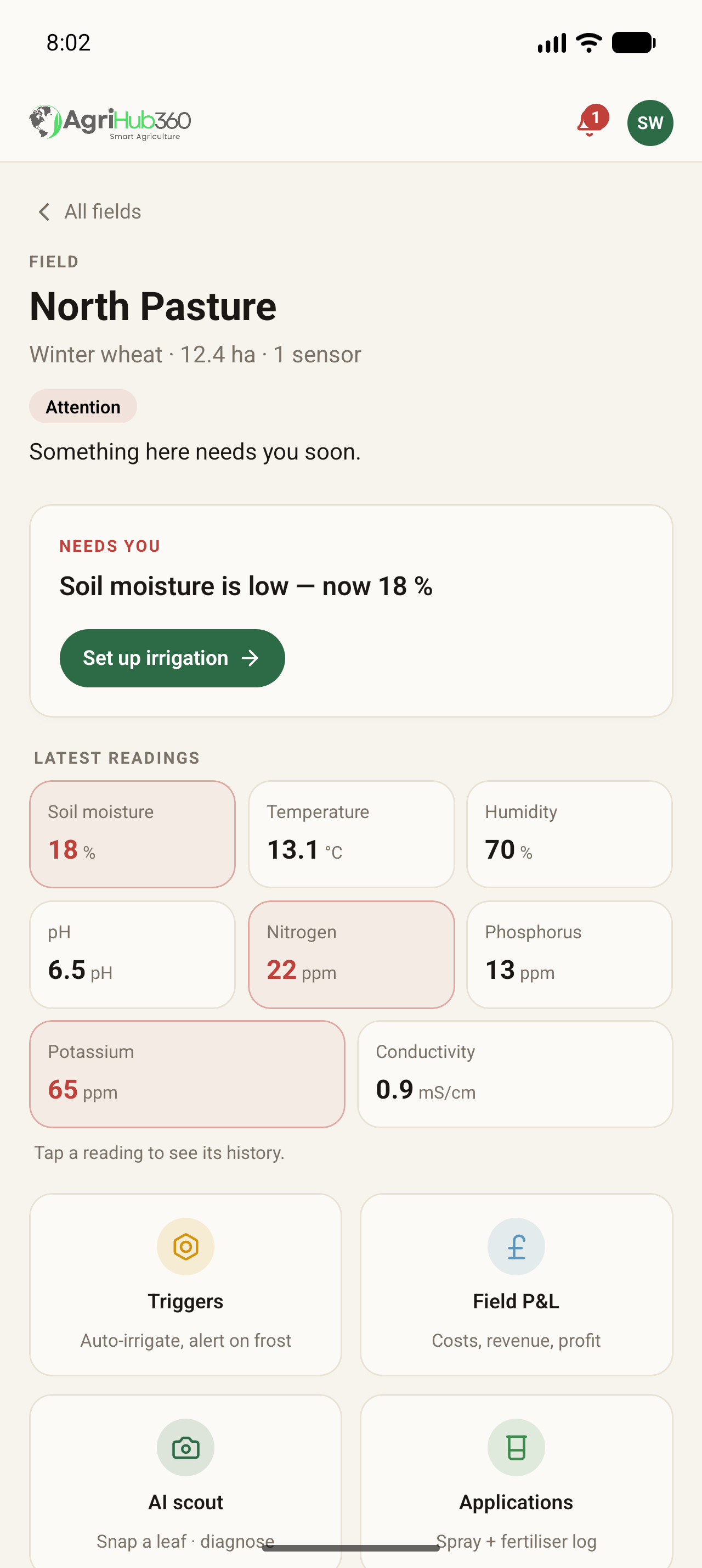 The AgriHub360 app on a phone, showing a field's live soil readings