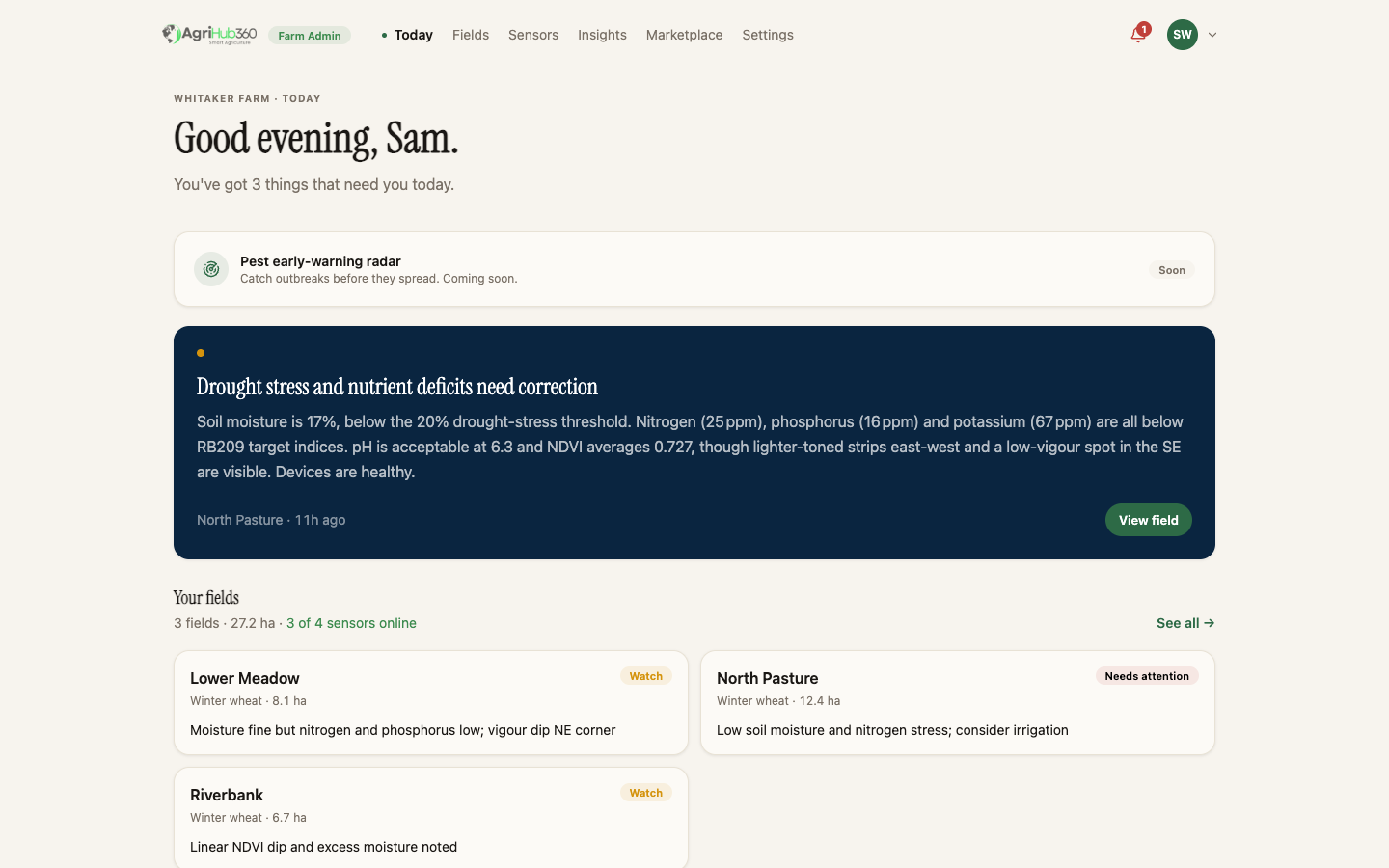 The AgriHub360 web dashboard, showing field status and a plain-language alert