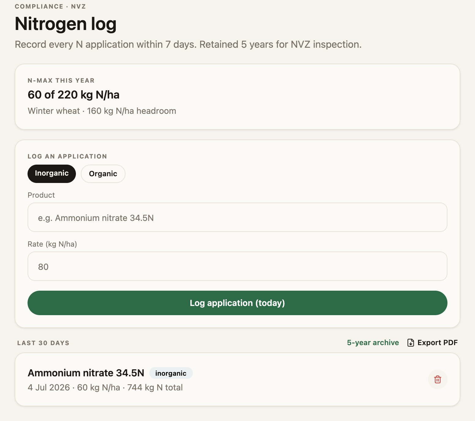 NVZ nitrogen log showing 60 of 220 kg N/ha used, an application form, and the five-year archive with a PDF export