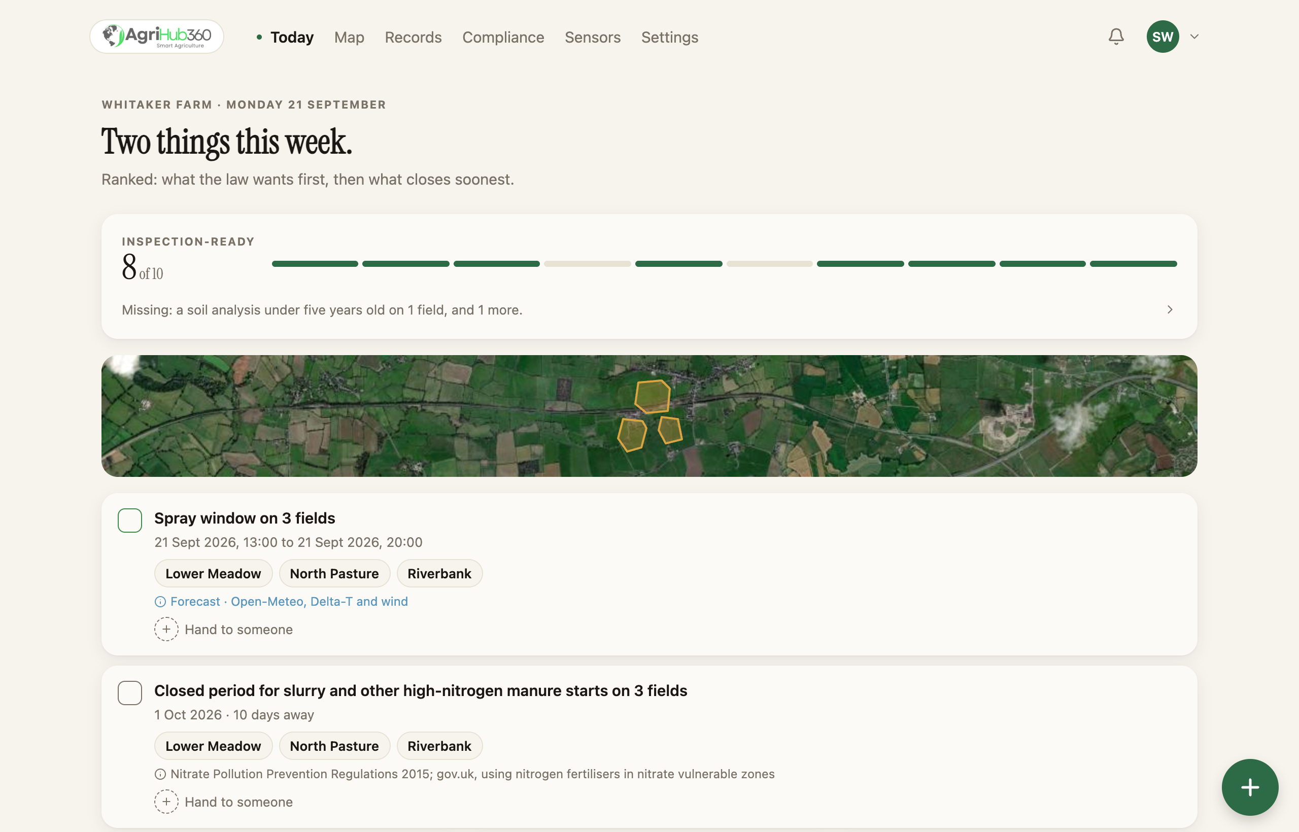 AgriHub360 on a desktop browser: Today on the demo farm, the fields on satellite imagery, the week’s decisions ranked and the inspection-ready count